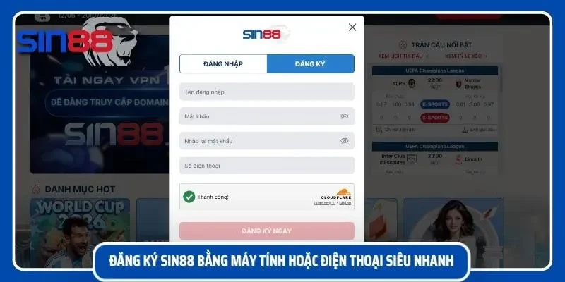 Giao diện trang chủ đăng ký SIN88 cùng các trường thông tin