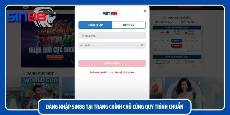 Màn hình giao diện đăng nhập SIN88
