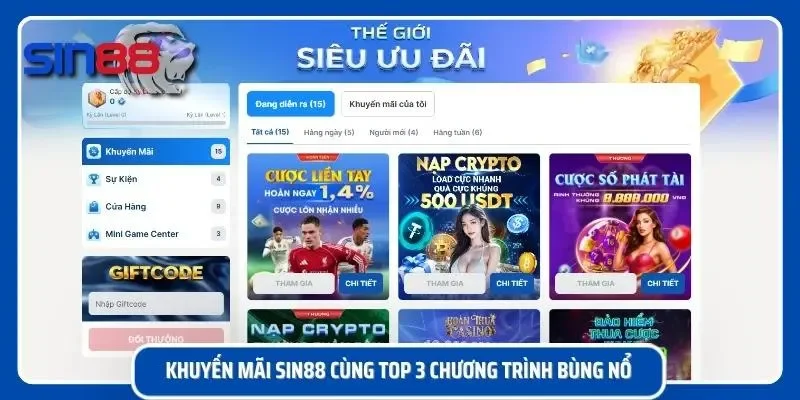 Giao diện nhận khuyến mãi SIN88 nạp đầu